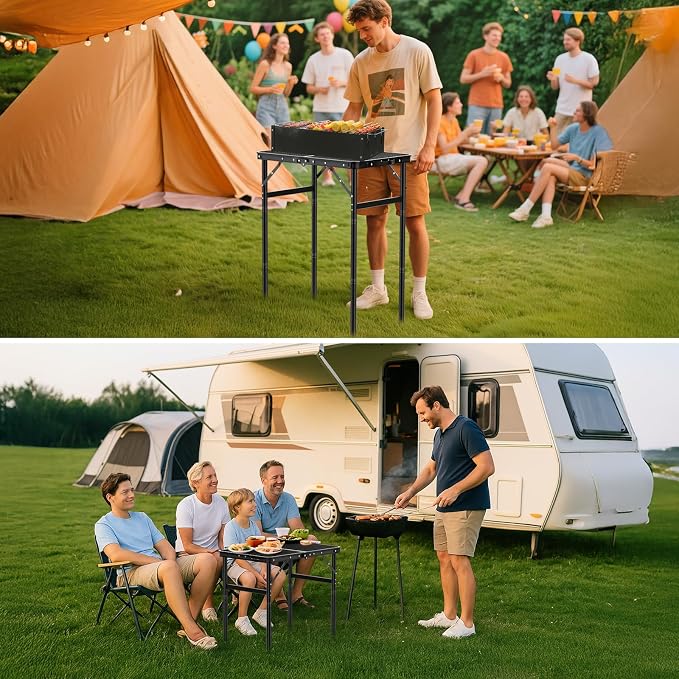 GARLLEN Folding Grill Table, 3 Adjustable Height Lightweight Camping Table with Heat-Resistant Tabletop, Portable Aluminum Picnic Tables for BBQ, Beach, Travel, 23.6" L x 15.7" W, Threaded Install