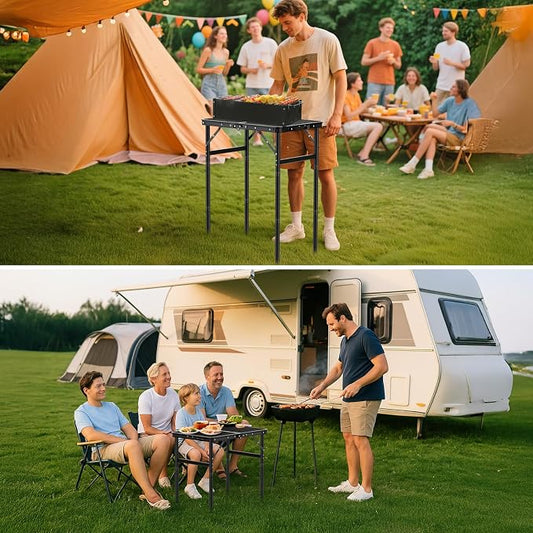 GARLLEN Folding Grill Table, 3 Adjustable Height Lightweight Camping Table with Heat-Resistant Tabletop, Portable Aluminum Picnic Tables for BBQ, Beach, Travel, 23.6" L x 15.7" W, Threaded Install