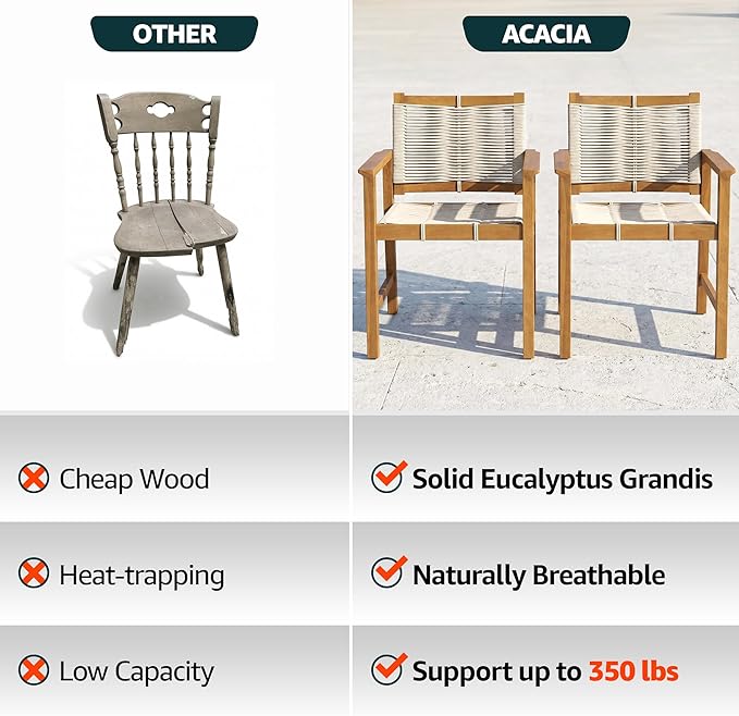 Heritage Woven Rope Eucalyptus Wood Armchair, Set of 2 Oversized Wide Backrest for Enhanced Comfort - Handcrafted Outdoor Patio Dining Chairs, Solid Eucalyptus Boho Seating for Deck, Porch & Backyard