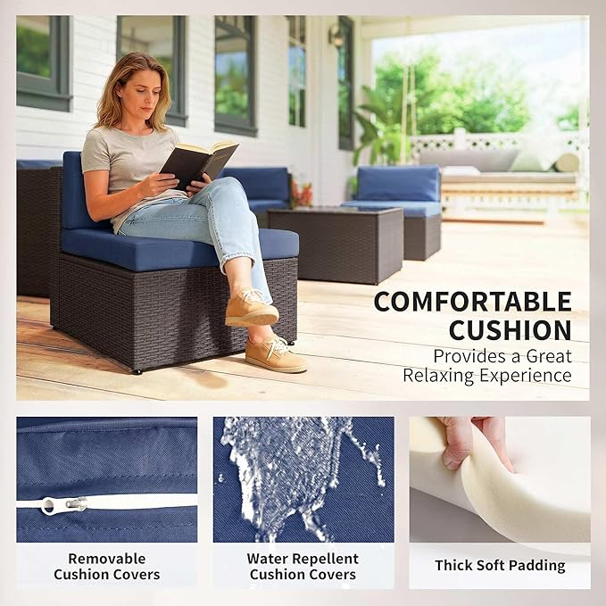 Outsunny 7 Piece Patio Furniture Set, Wicker Outdoor Sectional Sofa Set, All Weather PE Rattan Outdoor Furniture Conversation Sets with Cushions, Glass Top Coffee Table, Dark Blue