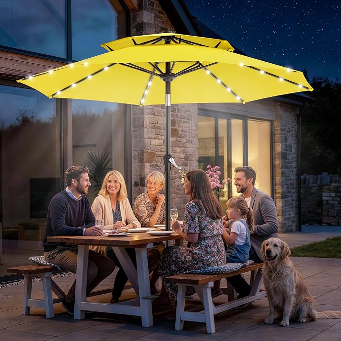 AreShark 9ft 2 Tiers Patio Umbrella with Solar Lights, Outdoor Umbrella w/ 32 LED Lights&8 Sturdy Ribs, Table Umbrella for Deck, Backyard, Pool(Yellow)