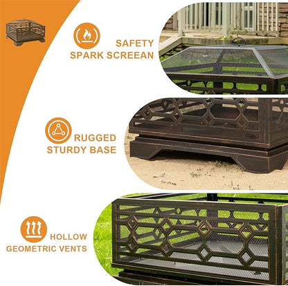 Florise Outdoor Fire Pit, 32 Inch Wood Burning Firepit for Outside with Mesh Cover & Fire Poker, Large Square Metal Fireplace for Patio, Backyard, Garden, Bonfire Party
