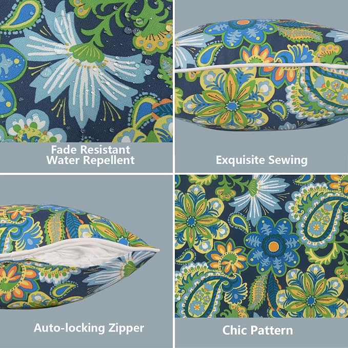 LVTXIII 2 Pack Outdoor Lumbar Pillow Covers 12x20 Inch with Piping, Water-Repellent Back Cushion Covers ONLY for Patio Furniture, Sofa, Garden Bench, Bohemian Azure