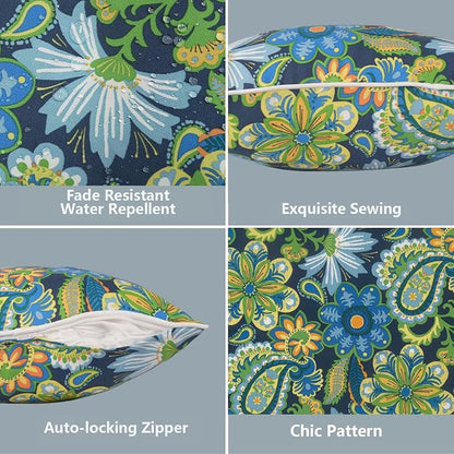 LVTXIII 2 Pack Outdoor Lumbar Pillow Covers 12x20 Inch with Piping, Water-Repellent Back Cushion Covers ONLY for Patio Furniture, Sofa, Garden Bench, Bohemian Azure