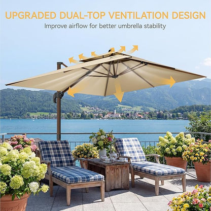 10x13 FT Wood Pattern Patio Umbrella, Large Deluxe Cantilever Rectangular Double Top Heavy Duty Offset Umbrellas with 360° Rotation, Outdoor shade for Garden Deck Pool Patio, Beige