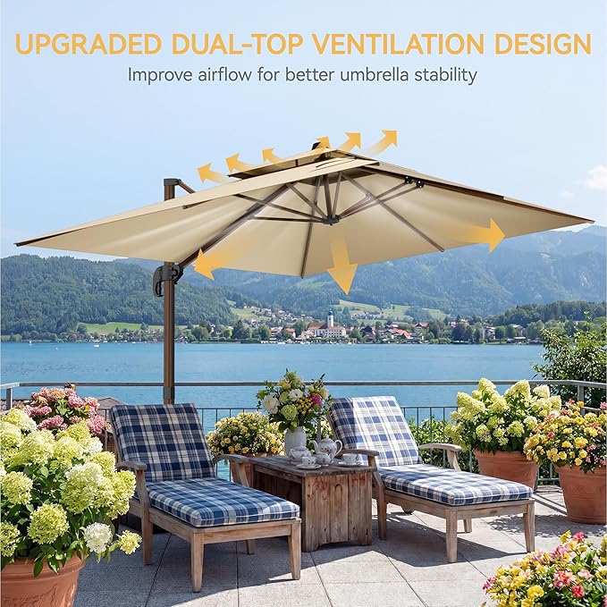 10x13 FT Wood Pattern Patio Umbrella with Base, Large Deluxe Cantilever Rectangular Double Top Heavy Duty Offset Umbrellas with 360° Rotation, Outdoor shade for Garden Pool Patio, Beige