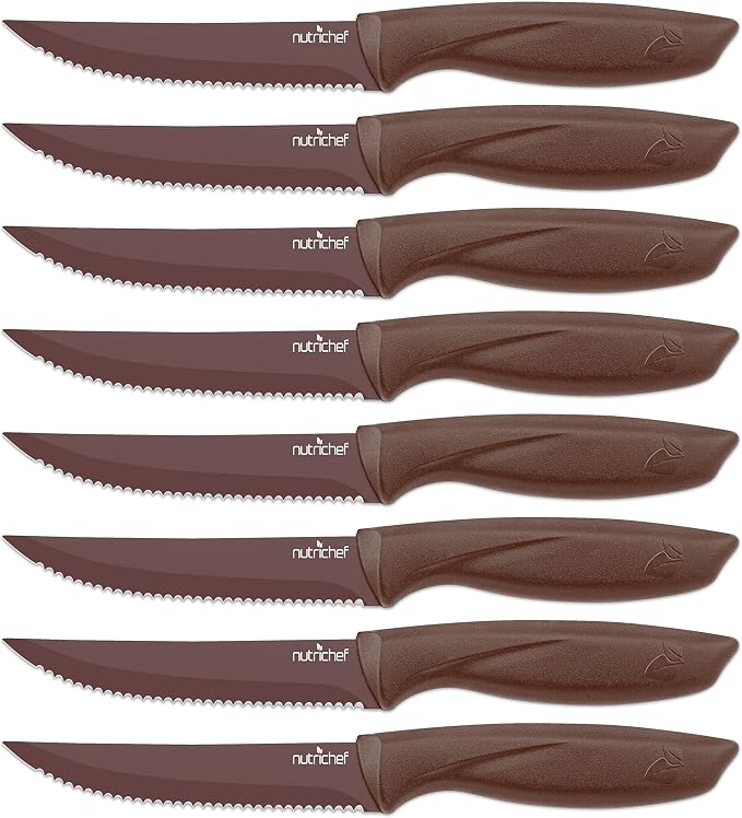NutriChef 8 Piece Kitchen Knife Set - Multi-purpose Unbreakable Ergonomic Non-stick Stainless Steel Kitchen Steak Knives Set with Fully Serrated Blades - Great for BBQ Grill - NCSK8BW,Brown
