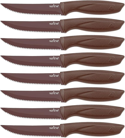 NutriChef 8 Piece Kitchen Knife Set - Multi-purpose Unbreakable Ergonomic Non-stick Stainless Steel Kitchen Steak Knives Set with Fully Serrated Blades - Great for BBQ Grill - NCSK8BW,Brown