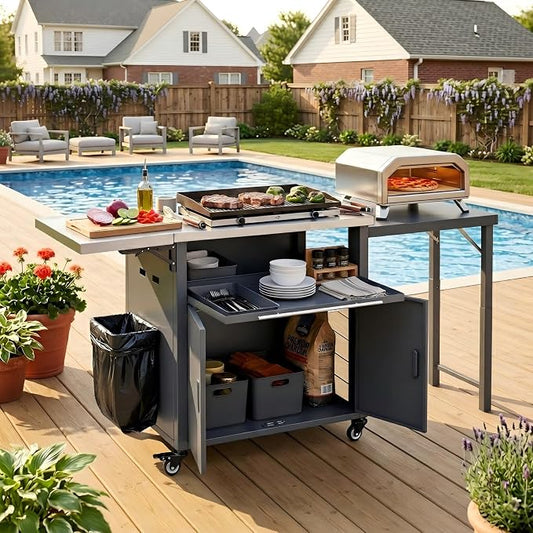 74” Outdoor Grill Table with Storage Cabinet & Folding, Metal | Stainless Steel Top Grill Cart for Kitchen with Universal Wheels, Kitchen Island Prep Table/Pizza Oven/Trash Rack, BBQ Patio
