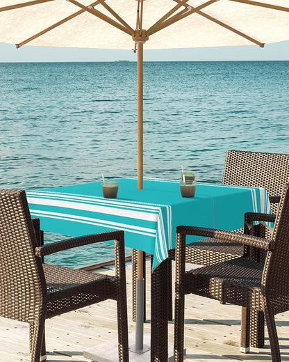 QueenKer Outdoor Tablecloth with Umbrella Hole, Farmhouse Aqua White Stripe Square Tables Waterproof Tabletop Collection for Patio, Garden, Picnic, Camping, Dining 60 x 60 inch