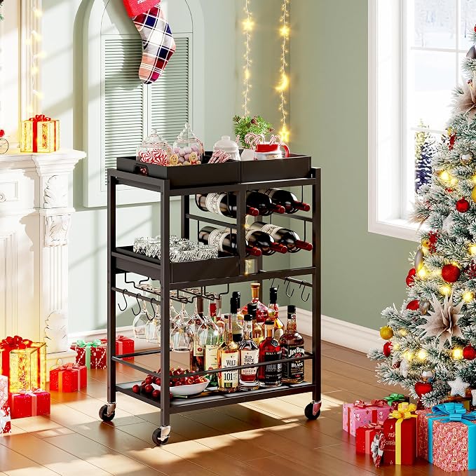 TUTOTAK Bar Cart with Wheels, Drink Cart with Wine Rack and Glass Holder | 3-Tier 24.8 Inch Wide Home Bar Serving Carts, Small Mobile Kitchen Shelf with 6 Hooks, Black BC01BK037