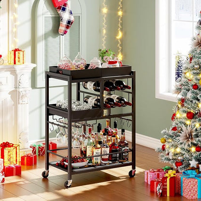 TUTOTAK Bar Cart with Wheels, Drink Cart with Wine Rack and Glass Holder | 3-Tier 24.8 Inch Wide Home Bar Serving Carts, Small Mobile Kitchen Shelf with 6 Hooks, Black BC01BK037
