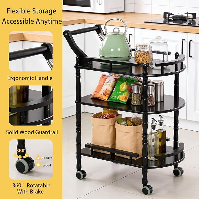 Entertainment Kitchen Cart, Midcentury Modern Imported rubberwood Black Finished Wood 3-Tier Mobile Bar Cart Serving Cart