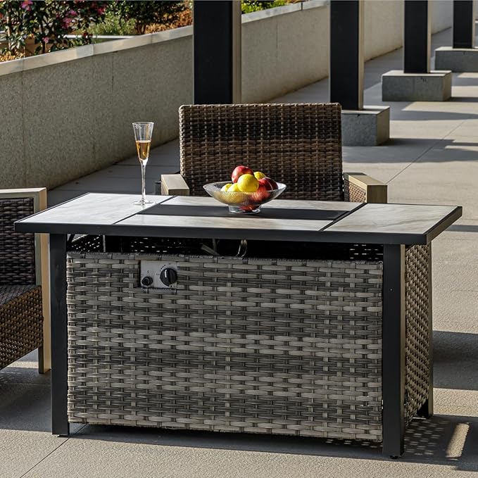OutVue 47" Propane Fire Pit Table with Real Ceramic Tabletop & Ratten Side Panel, 50000 BTU Gas Firepit Table with Lid & Lava Stones, Outdoor Fire Pit for Dining or Party, Firepit for Outside, Patio