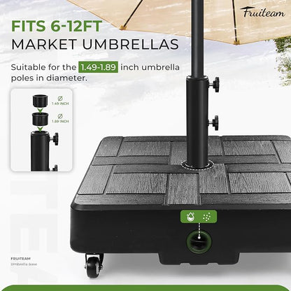 FRUITEAM 120 LBS Fillable Mobile Umbrella Base with Wheels | Heavy Duty Patio Umbrella Stand, Fillable Weighted Umbrella Base for Patio, Deck, Poolside, Windproof Design