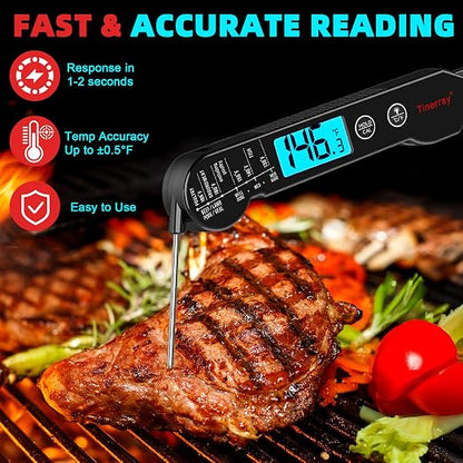 Professional Digital Meat Thermometer Instant Read Waterproof – Folding Probe Food Thermometer with Backlight & Calibration, Fast Read for BBQ, Grill, Deep Fry, Liquids, Gift for Chef (Black)