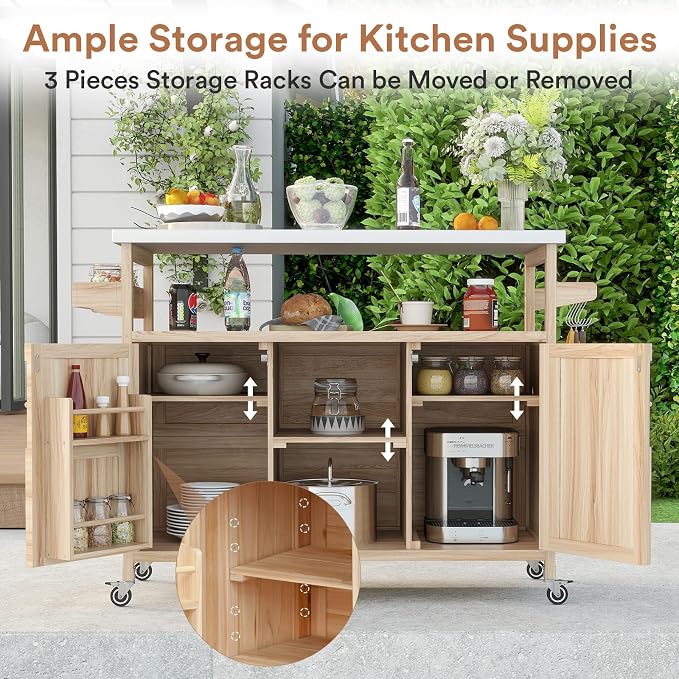 Zevemomo Outdoor Grill Cart with Storage, Stainless Steel Tabletop Outdoor Kitchen Island, Solid Wood Outdoor Buffet Cabinet with Wheels for Grilling, Light Wood Color