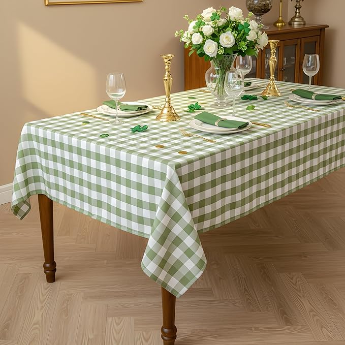 Green and White Gingham Tablecloth, Spring Plaid Waterproof Table Cover for St Patrick's Day, Indoor Dining, Kitchen Table, Garden Picnic, Washable Rectangle Tablecloth, W60 x L102 in