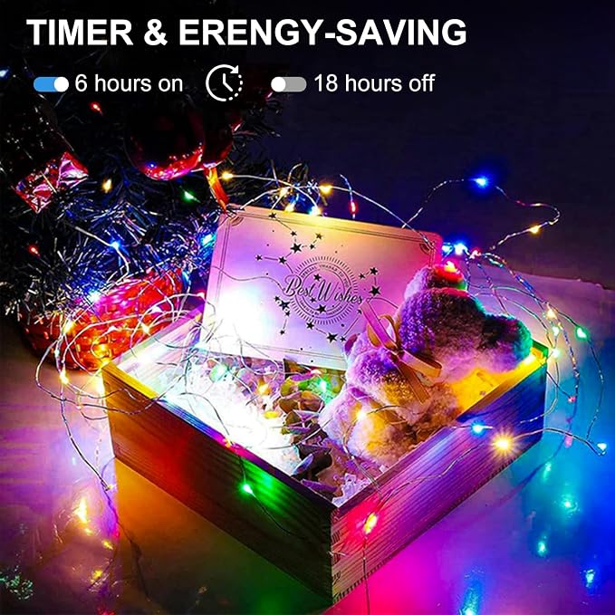 4 Pack Battery Fairy Lights 16.4 Ft 50 LED Christmas Timer Fairy Light | Waterproof Silver Wire Battery Twinkle Lights with Auto Timer 8 Modes for Xmas Wreath Decor, Multicolor