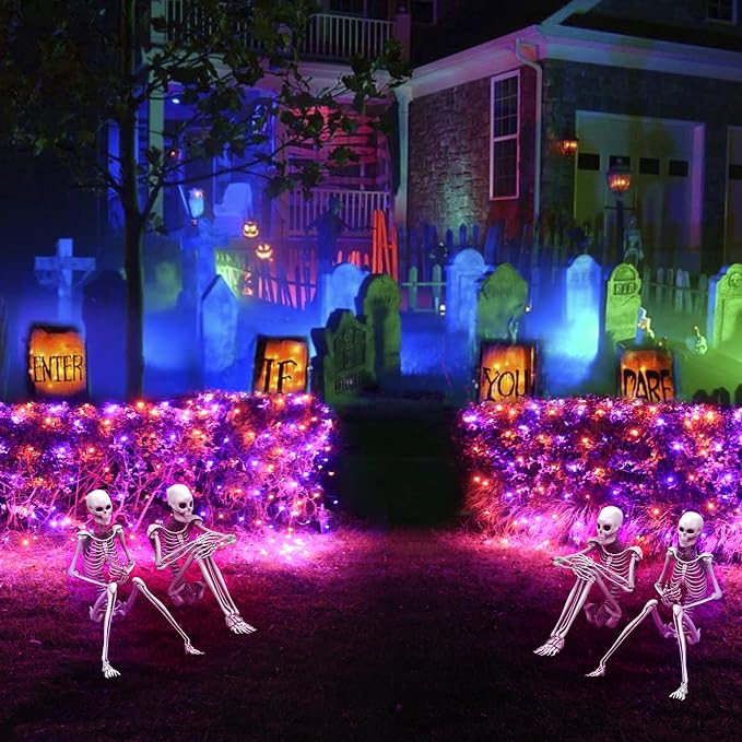 Pooqla Orange and Purple Halloween Net Lights Outdoor, 21x 5ft Green Wire | 360 LED Large Net Mesh Lights Plug in, 8 Modes Waterproof Connectable Bushes Lights for Halloween Hedge Yard Decor