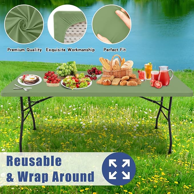 Moosfor Spandex 5 Foot Rectangle Table Cloth, Elastic Fitted Tablecloths for Picnic, Stretch Washable Patio Table Cover for Outdoor, Camping, Banquet and Parties (Sage Green, 30"x60")