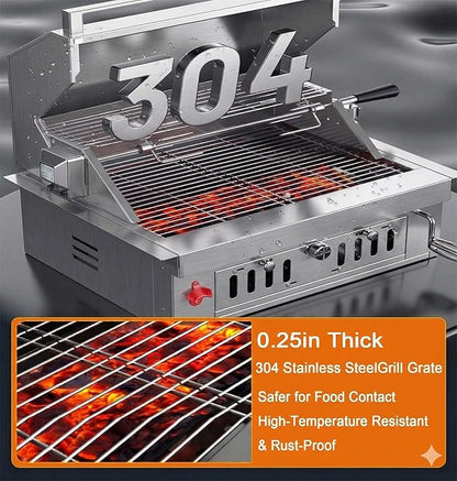 Large Built In Grill, Charcoal BBQ Grills with Liftable Tray, Visible Insulated Hood & Temp Gauge, Heavy-Duty Stainless Steel Barbecue Grill for Outdoor Kitchen Cooking Family Parties