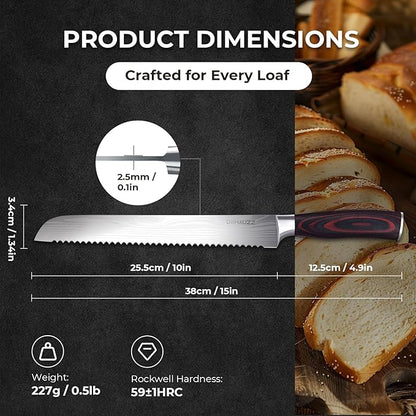 DiiHAUZZ Bread Knife for Homemade Bread, 10 Inch Serrated High Carbon Stainless Steel - Ultra Sharp Artisan Loaf Cutter for Slicing Sourdough, Crusts, Baguettes, Bagels and Cakes, Fathers Day Gift