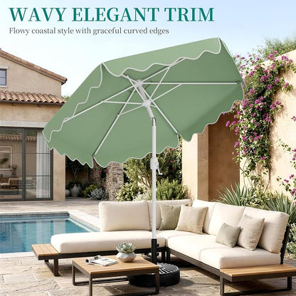 AreShark 7.5FT Outdoor Patio Umbrella with Wavy Trim (Sage Green) | Market Table Umbrellas w/ 6 Sturdy Ribs, Crank & Tilt, White Pole, Pool Umbrella with UV-Fade Resistant Fabric, Heavy Frame