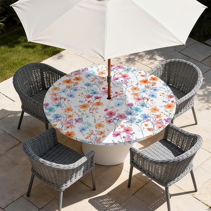 Outdoor Tablecloth with Umbrella Hole and Zipper Fits 53-60" Tables | Waterproof Round Fitted Tablecloth with Elastic Edge, Wipeable Outdoor Table Cover for Patio, Garden, Picnic