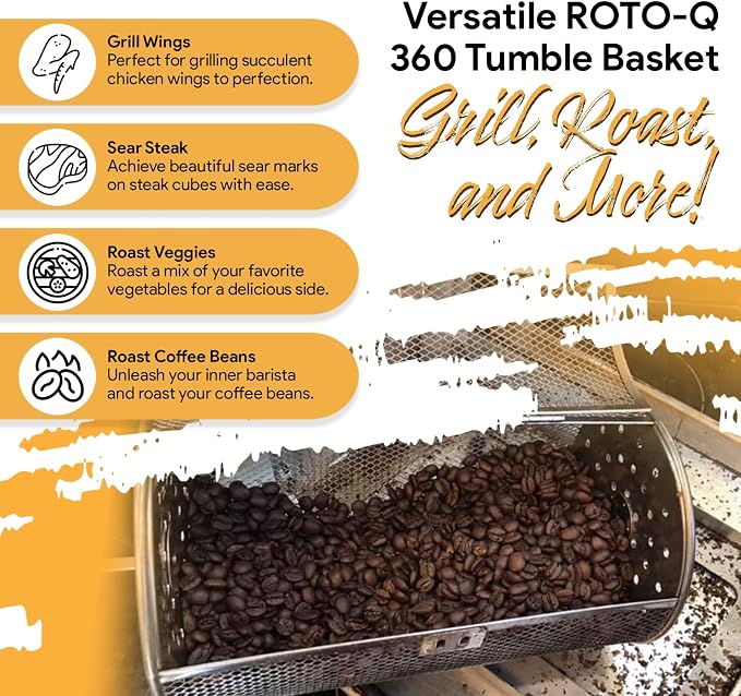ROTO-Q 360 Rotisserie Tumble Basket: Elevate Your Grilling Game! Perfect for Chicken Wings, Coffee Beans, and More (Compatible Only with ROTOQ360 Rotisserie) | Tumble basket fits only the ROTO-Q 360 rotisserie and holds wings, coffee beans and other sm...