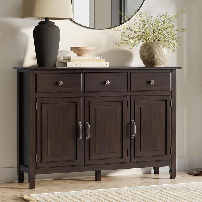 SIMPLIHOME Connaught 51" Solid Wood Cabinet in Chestnut Brown | Traditional space-saving entryway or mudroom cabinet with 3 drawers and adjustable shelves for organized household storage.