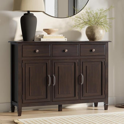 SIMPLIHOME Connaught 51" Solid Wood Cabinet in Chestnut Brown | Traditional space-saving entryway or mudroom cabinet with 3 drawers and adjustable shelves for organized household storage.