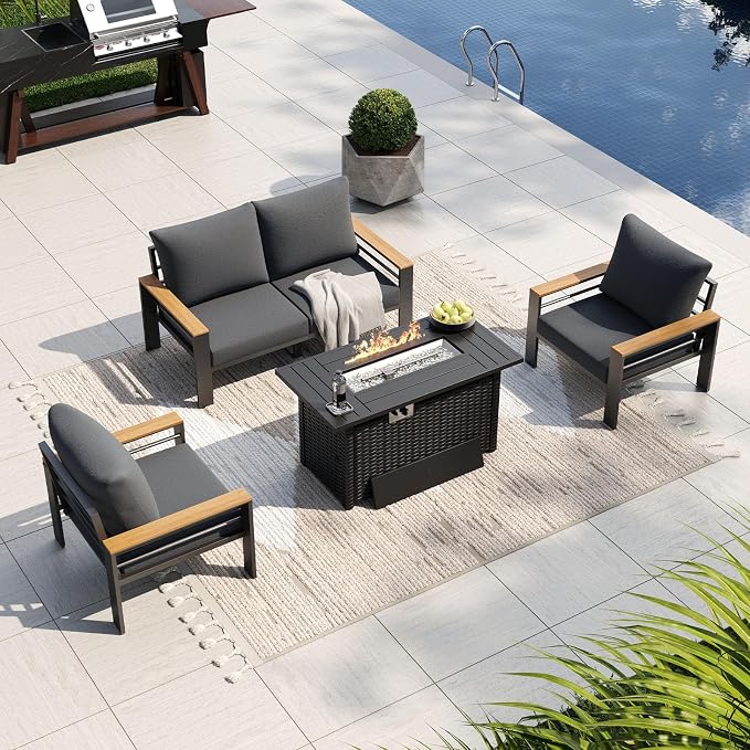 Aoxun Patio Furniture Set, Aluminum Patio Set with Fire Pit Table and 5" Thicken & Washable Cushion, Waterproof Outdoor Furniture, Outdoor Couch Sectional for Backyard (4 Seats/F, Dark Grey)