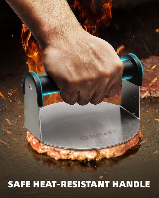 Bulado Burger Press, 6'' Round Burger Smasher for Griddle with Heat-resistant Handle, Stainless Steel Non-stick Hamburger Smasher Tool for Flat Top Griddle, Grill, BBQ, Cooking, Gift Package