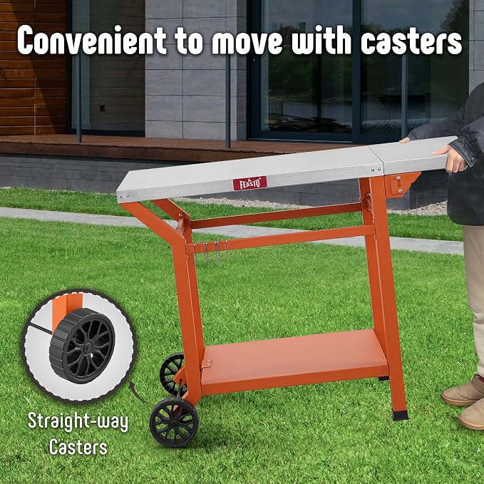 Feasto 43" Lx20 W Grill Table with Folding Side Table & Undershelf, Orange | Stainless Steel Tabletop, Foldable Side Shelf, Sturdy Undershelf, for Pizza Ovens, BBQ Grills, & Prep Work (Hooks Included)