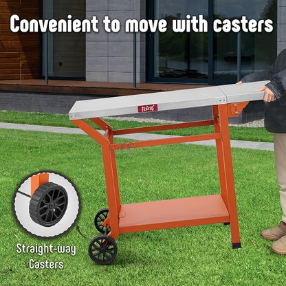 Feasto 43" Lx20 W Grill Table with Folding Side Table & Undershelf, Orange | Stainless Steel Tabletop, Foldable Side Shelf, Sturdy Undershelf, for Pizza Ovens, BBQ Grills, & Prep Work (Hooks Included)