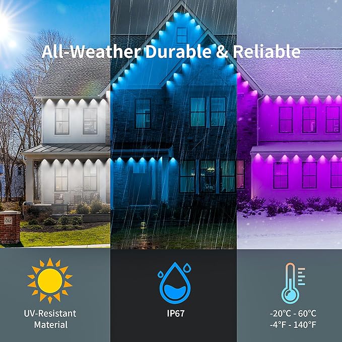 KSIPZE Permanent Outdoor Lights for House Waterproof IP67, Eaves LED Lights | Smart RGB+IC App & Button Control, 200+ Dynamic Scene Modes, For House Roof, Garden, Christmas, Party Decor