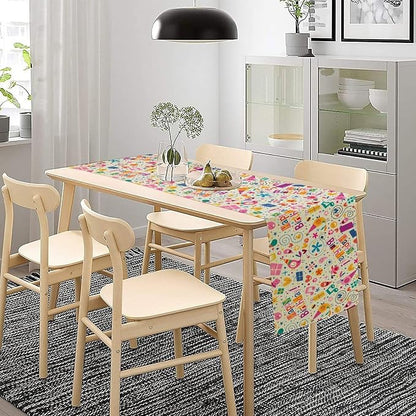 Birthday Table Runner, Dotted Spirals Stars Hearts Musical Notes Surprise Present Boxes Pattern Smil Decor Dining Room Kitchen Runner Fabric Linens 13x108in