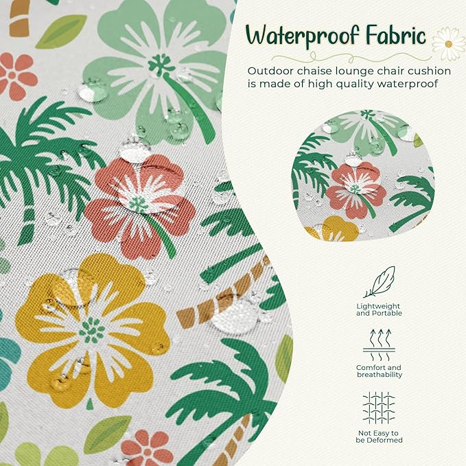 2 Pack Outdoor Chaise Lounge Chair Cushion 75.1 x 22.8 x 4.7 Inches 100% Waterproof Replacement Cotton Patio Pool Lounge Chair Cushion for Outdoor Furniture with Ties, Green Coconut Tree