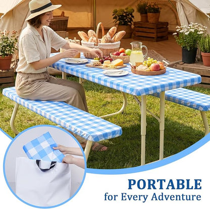 Poise3EHome Picnic Table Cover with Bench Covers, 6 Foot Fitted Elastic Tablecloth Set, Heavy Duty Polyester with TPU Waterproof Backing, Washable Outdoor Picnic Set for Camping, RV & Park(Blue&White)