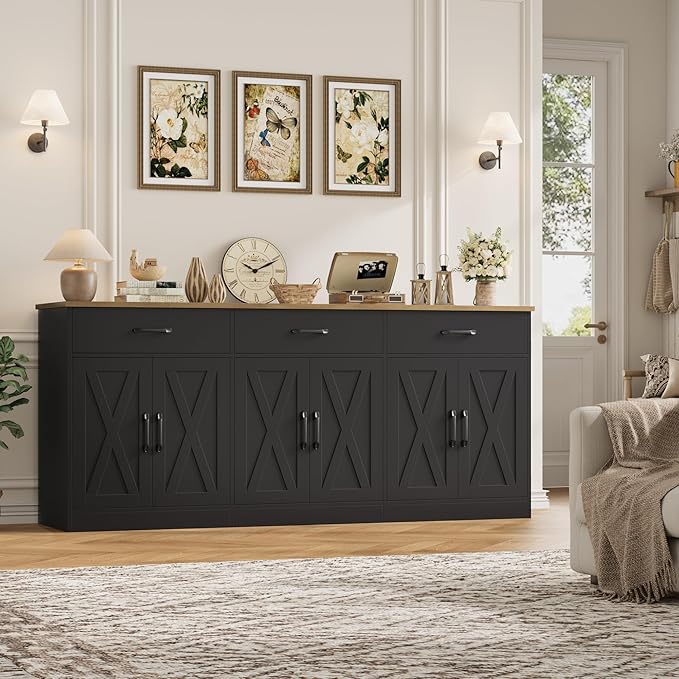 HOSTACK 71" Large Sideboard Buffet Cabinet with Storage, Farmhouse Coffee Bar Cabinet with 3 Drawers, Long Kitchen Buffet Table, Kitchen Sideboard Storage Cabinet for Dining Room, Living Room, Black