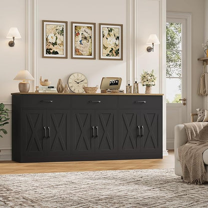 HOSTACK 71" Large Sideboard Buffet Cabinet with Storage, Farmhouse Coffee Bar Cabinet with 3 Drawers, Long Kitchen Buffet Table, Kitchen Sideboard Storage Cabinet for Dining Room, Living Room, Black