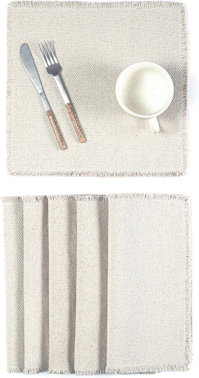Hausattire Cotton Frayed Placemats Set of 6 Dining Table 14x14 Inch | Rustic Vintage Boho Washable Easter Placemat for Outdoor Parties BBQ's Wedding, Holiday, Special Occasions, Nubby Cotton - Natural