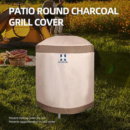 HAMLER Round Barbecue Cover, 28 Inch Small Smoker Cover, Heavy Duty Waterproof Outdoor Grill Cover Fits Weber, Charcoal Kettle, Masterbuilt, Dyna-Glo, Brown & Beige