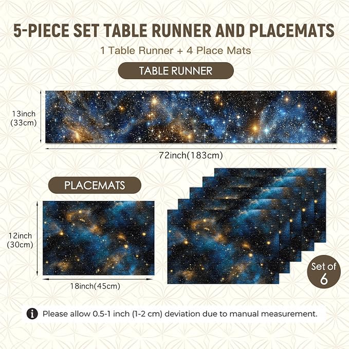 Nuxovilar Tablerunner and Placemats Set of 7 Starry Sky Themed Linen Square Placemats for Dining Dining Sets and Accessories Themed Dinner, Star Party, Romantic Gathering