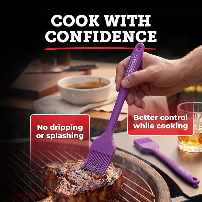 Lightyear Silicone Basting Pastry Brush Set (2 Pcs) ❘ 450°F Heat Resistant Oil Brush for Your Kitchen - Ideal For BBQ’s, Baking & Cooking 100% Food Grade Silicone - BPA Free & Dishwasher Safe (Purple)