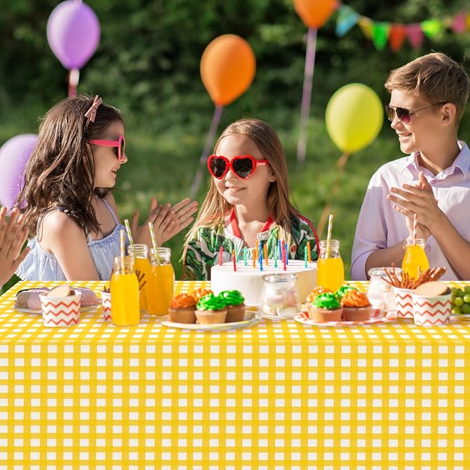 3 Pcs Yellow Gingham Tablecloths, Checkered Party Table Covers 54x108 Inch | Yellow and White Checkered Tablecloths, Disposable Waterproof for Summer Picnic Camping Barbecue Birthday Party