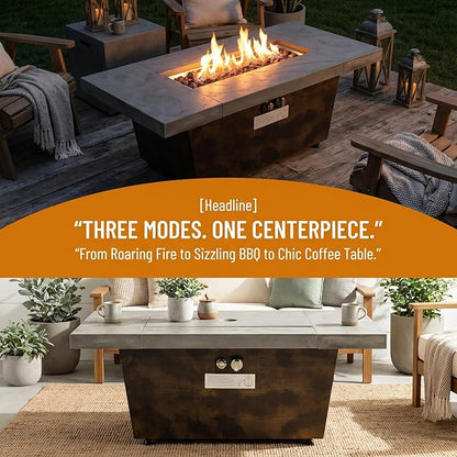 42 Inch Propane Fire Pit Table for Backyard Entertaining – 50,000 BTU Outdoor Gas Firepit with Easy Ignition, Cement-Look Finish & Convertible Coffee Table Lid for Patio Garden