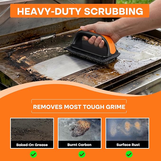 Griddle Cleaning Kit for Blackstone Rust Removal Restoration Pad | 3 Griddle Cleaning Pads & 1 Ergonomic Handle For Flat Top Grill, Brush with Flexible Steel Wire Layer Removes Stubborn Grease