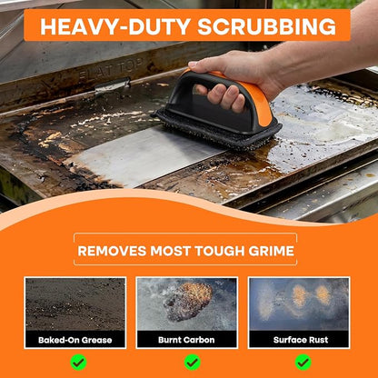 Griddle Cleaning Kit for Blackstone Rust Removal Restoration Pad | 3 Griddle Cleaning Pads & 1 Ergonomic Handle For Flat Top Grill, Brush with Flexible Steel Wire Layer Removes Stubborn Grease